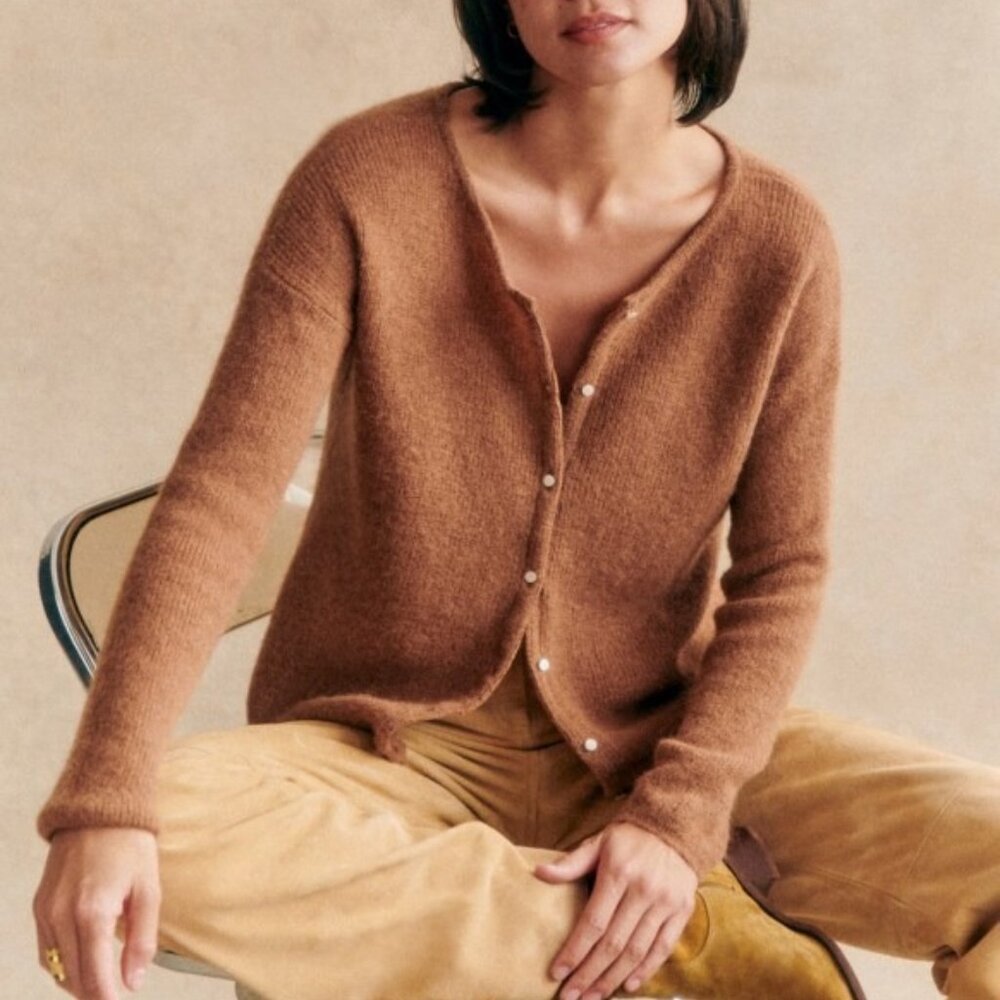 Sezane Sz M Gaspard Button Down Cardigan Camel Brown Kid Mohair Alpaca